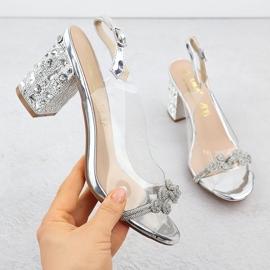 Sandálias femininas transparentes em um post com zircões prateado s.barski mr51-705 prata 1