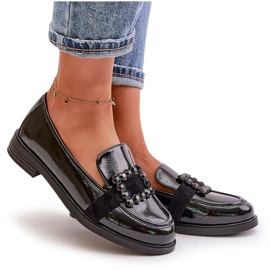 Mocassins femininos de couro envernizado com decoração, preto Vinceza 58389 4