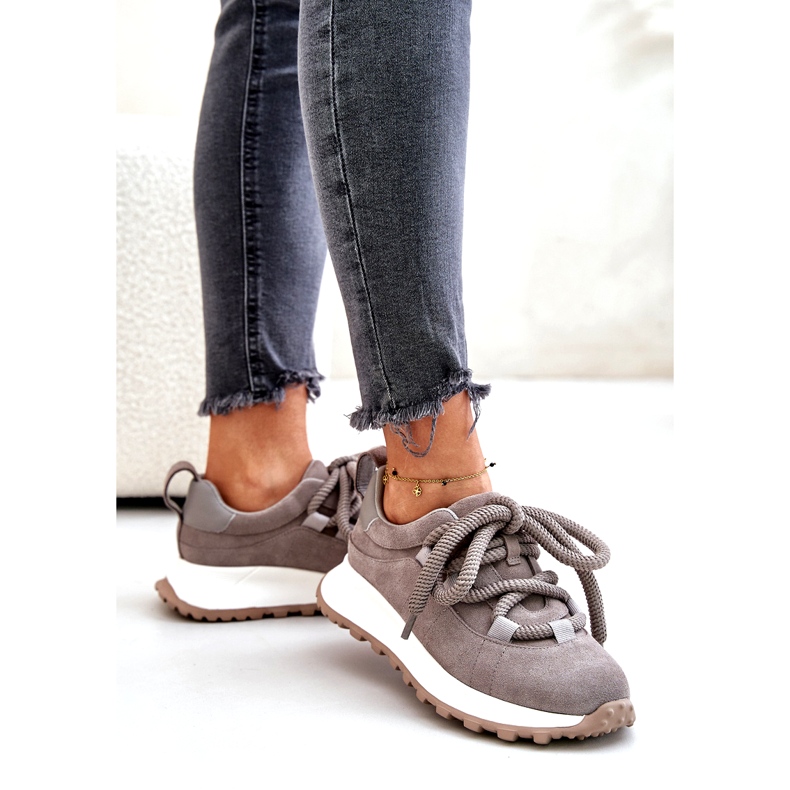 Tênis feminino de camurça com cadarço grosso Artiker 54C1465 cinza 3
