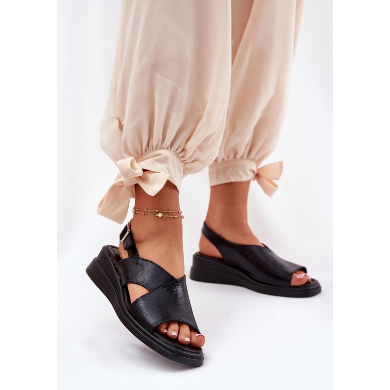 Jezzi Sandálias femininas pintadas na cunha com couro eco de couro preto 2