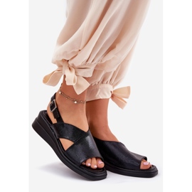 Jezzi Sandálias femininas pintadas na cunha com couro eco de couro preto 1