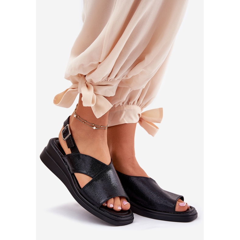 Jezzi Sandálias femininas pintadas na cunha com couro eco de couro preto 1