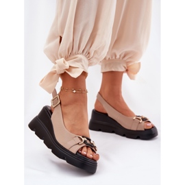 ARTIKER Sandálias de couro feminino na cunha e plataforma com decoração artker 56c2209 bege 2