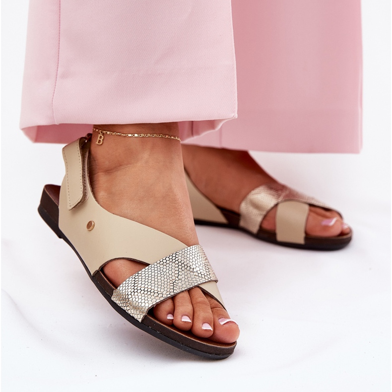 Sandálias de couro para velcro zazoo 40141 bege-ouro 2