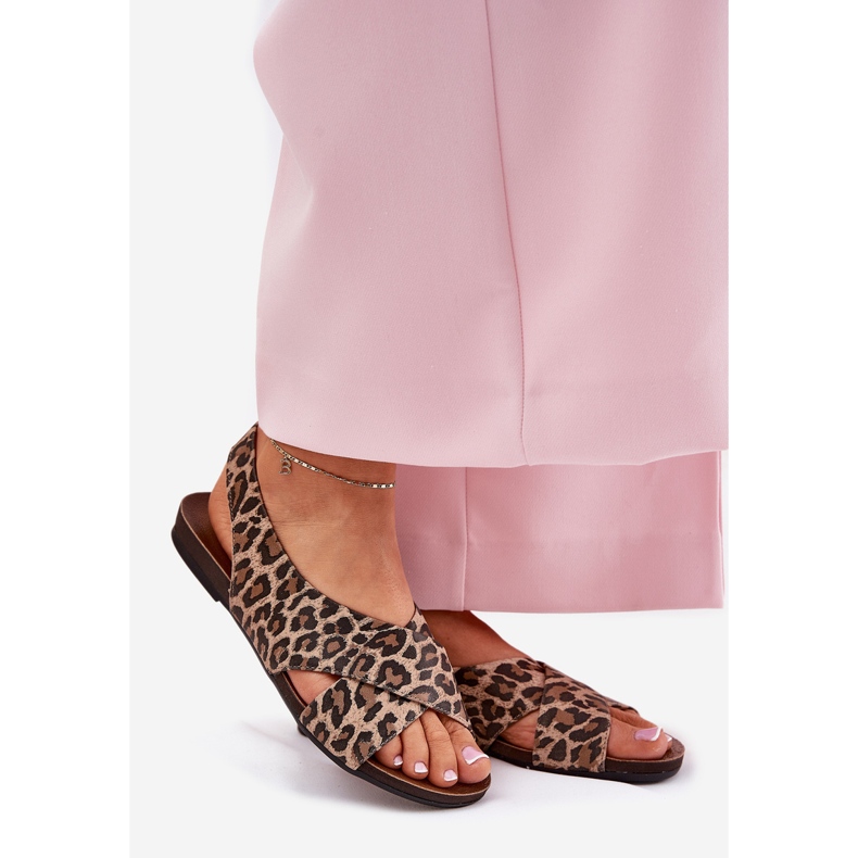 Zazoo Sandálias de couro feminino leopardo marrom leopardo bege 1