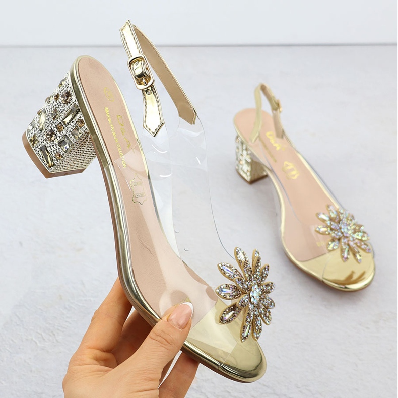 S.Barski Sandálias femininas transparentes no poste com zircões Złote D&amp;A por S. Barski MR51-002 dourado 1