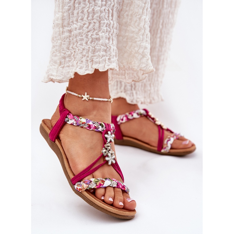 Sandálias femininas planas com listras e pinos trançados artiker 56c1314 fuksja rosa 2
