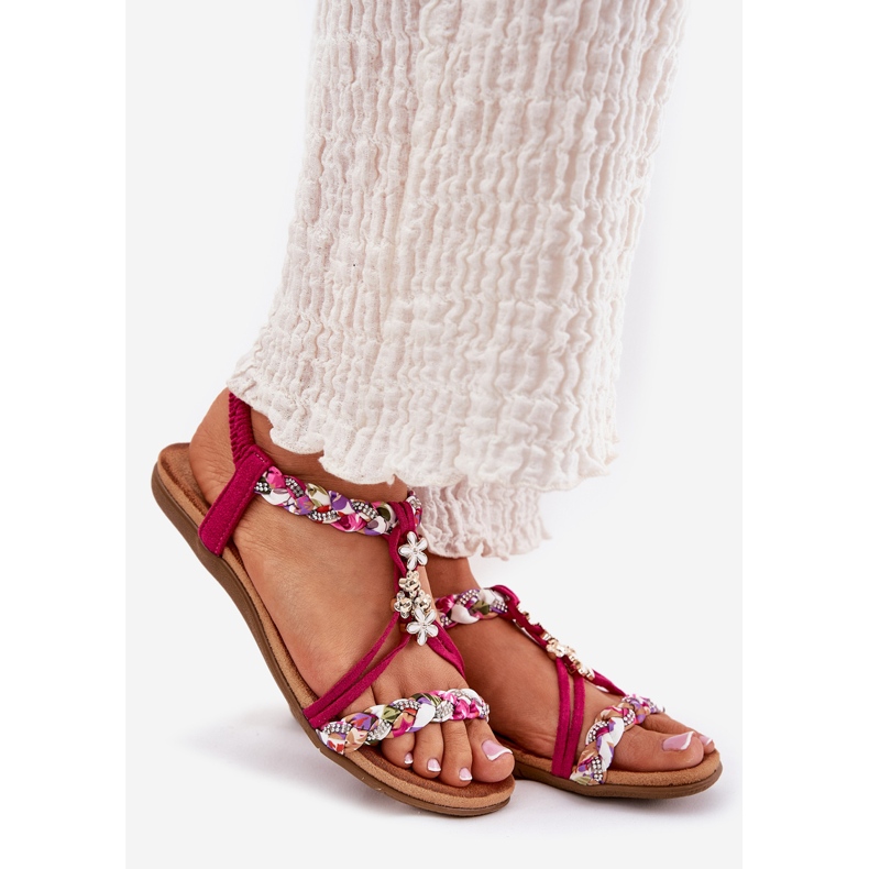 Sandálias femininas planas com listras e pinos trançados artiker 56c1314 fuksja rosa 1