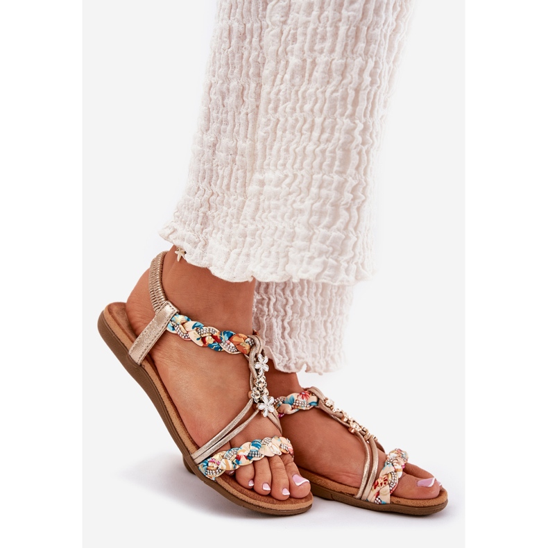 Sandálias femininas planas com listras e pinos trançados artiker 54c1323 pln dourado 1