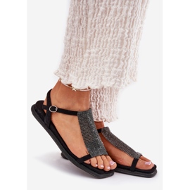 Sandálias femininas elegantes planas com Artiker 56C1370 Cristais Black preto 1