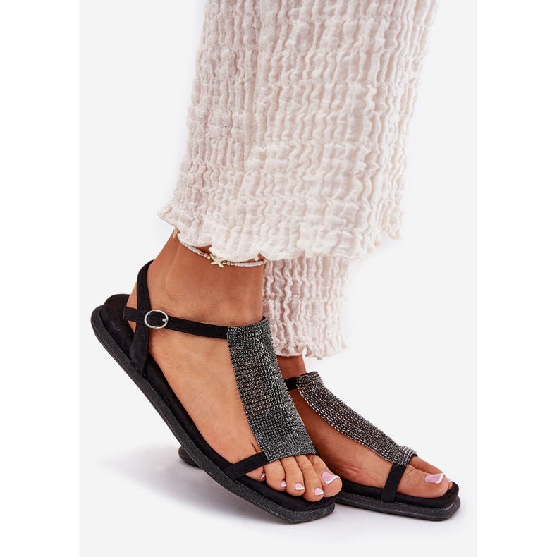 Sandálias femininas elegantes planas com Artiker 56C1370 Cristais Black preto 1