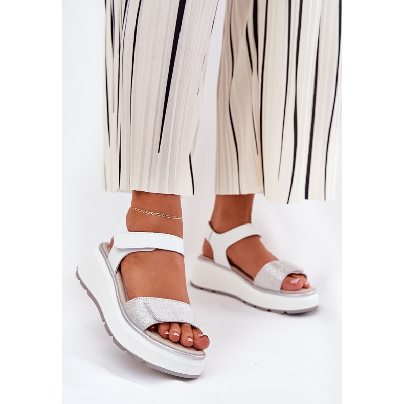 S.Barski Plataforma de sandálias de couro feminina e cunhas de velcro S. Barski LR51-543 Silver prata 2