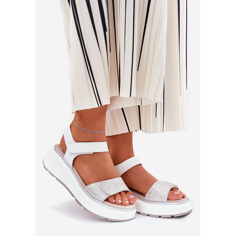 S.Barski Plataforma de sandálias de couro feminina e cunhas de velcro S. Barski LR51-543 Silver prata 1