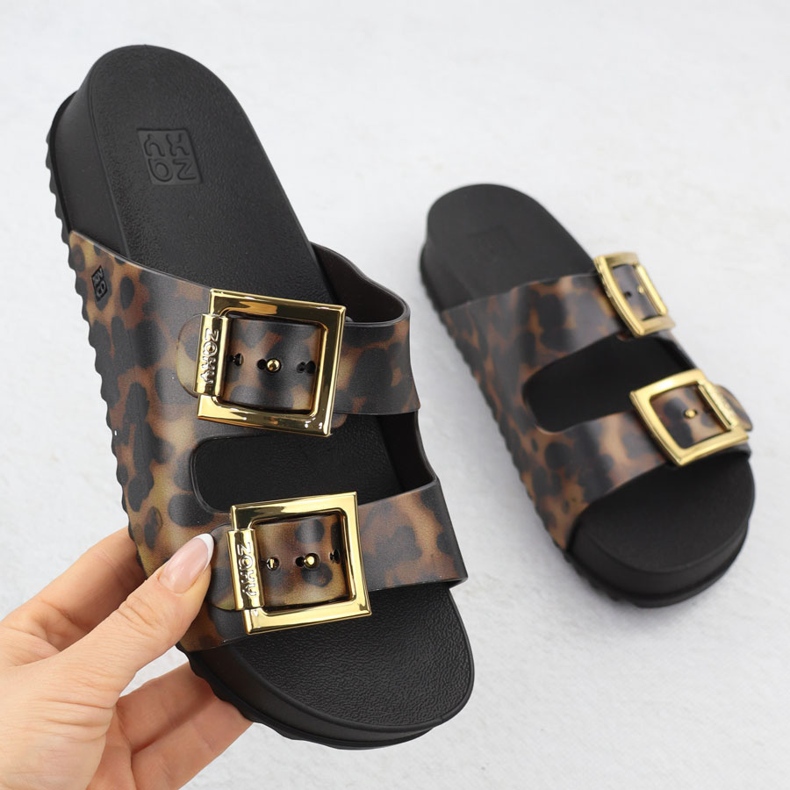 Flip de mulheres com fivelas de praia com estampa de leopardo Zaxy RR285059 castanho 1