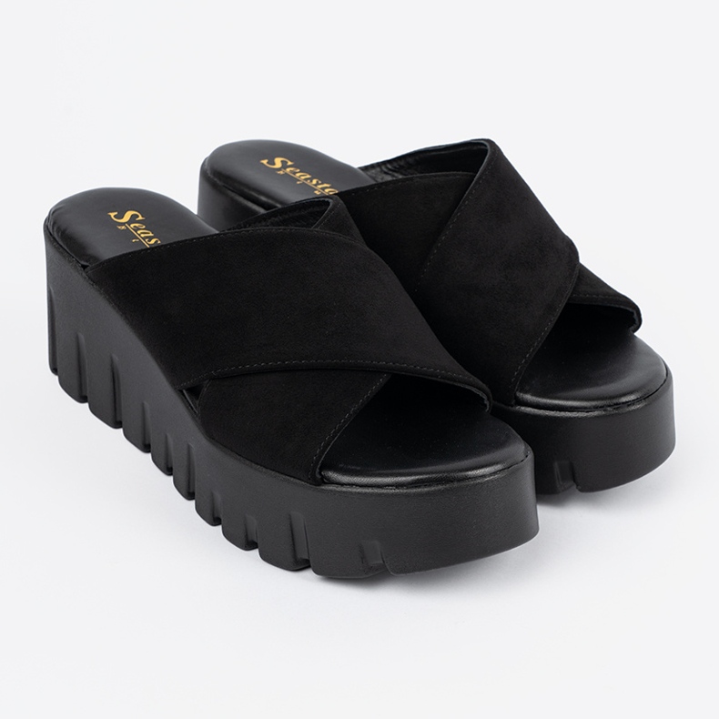 Seastar Sandálias femininas de camurça preta com cunha preto 1