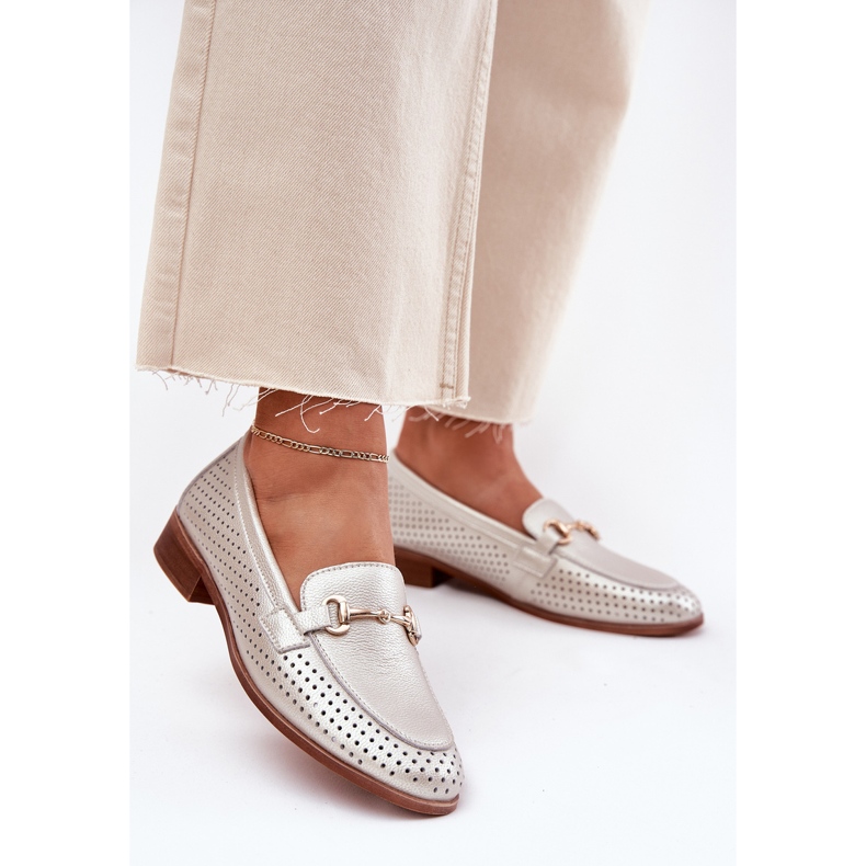 S.Barski Mocas de couro feminino com ornamento de salto plano S. Barski LR51-594 Silver prata 2