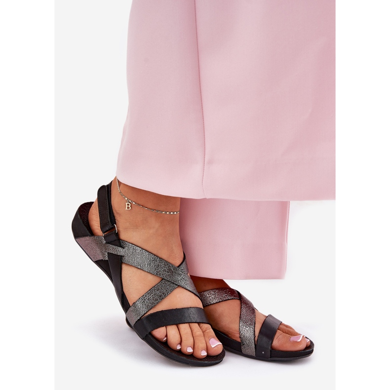 Sandálias femininas de couro plano Zazoo 40032 Black preto 1