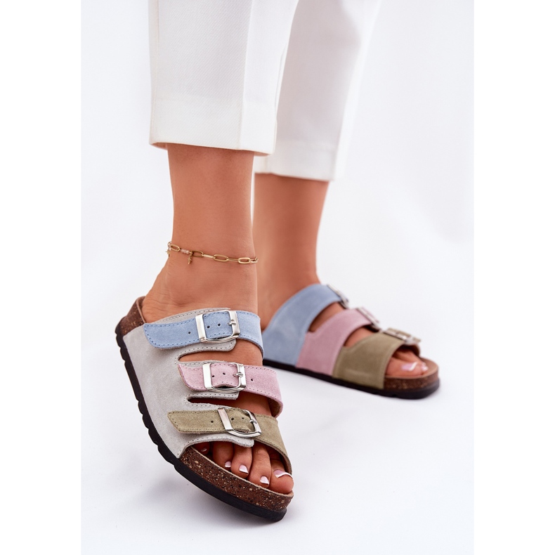 Camurça feminina chinelos com panto fino rr267034 fivelas azuis azul 1