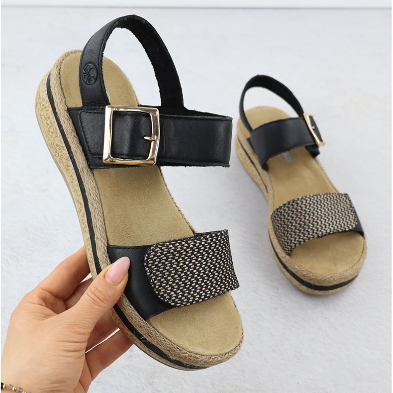Sandálias de couro feminino na cunha Velcro Rieker V0951 preto 1