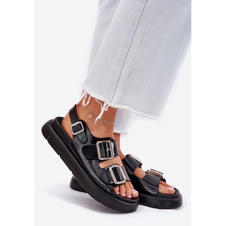 Big Star Sandálias femininas lacadas de couro com grande estrela rr2746662 fivelas pretas preto 1