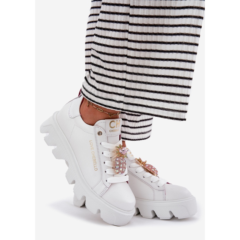 CheBello Tênis de couro com um broche decorativo Porabello 4651 branco 1