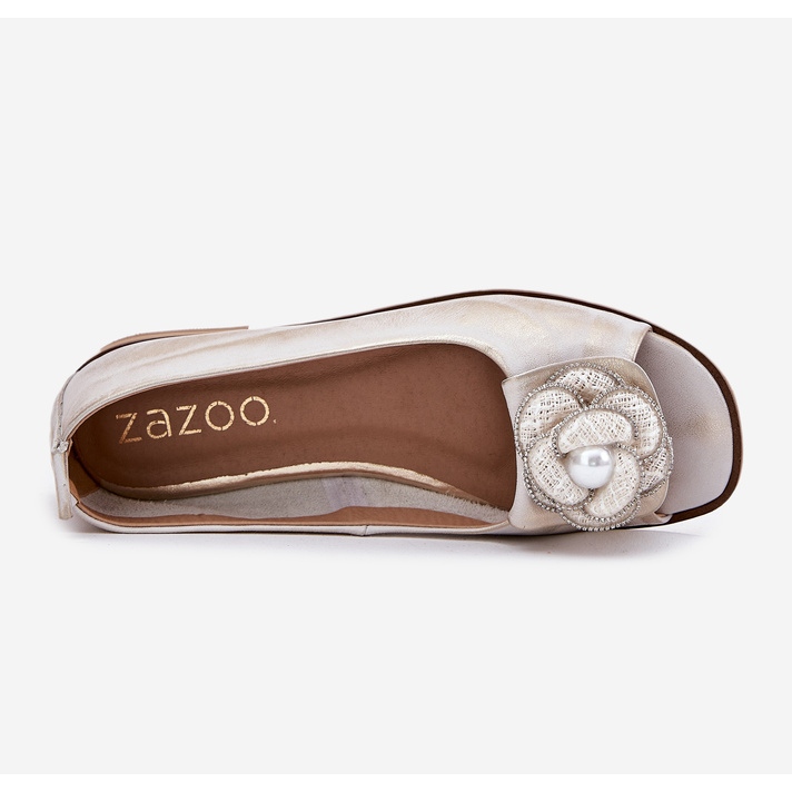 Ballerinas de couro com dedos nus e uma flor de Zazoo 1870 Zloty limpou dourado 2