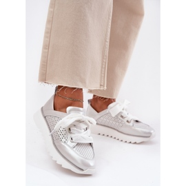 S.Barski Tênis de couro feminino na plataforma de prata LR51-796 2