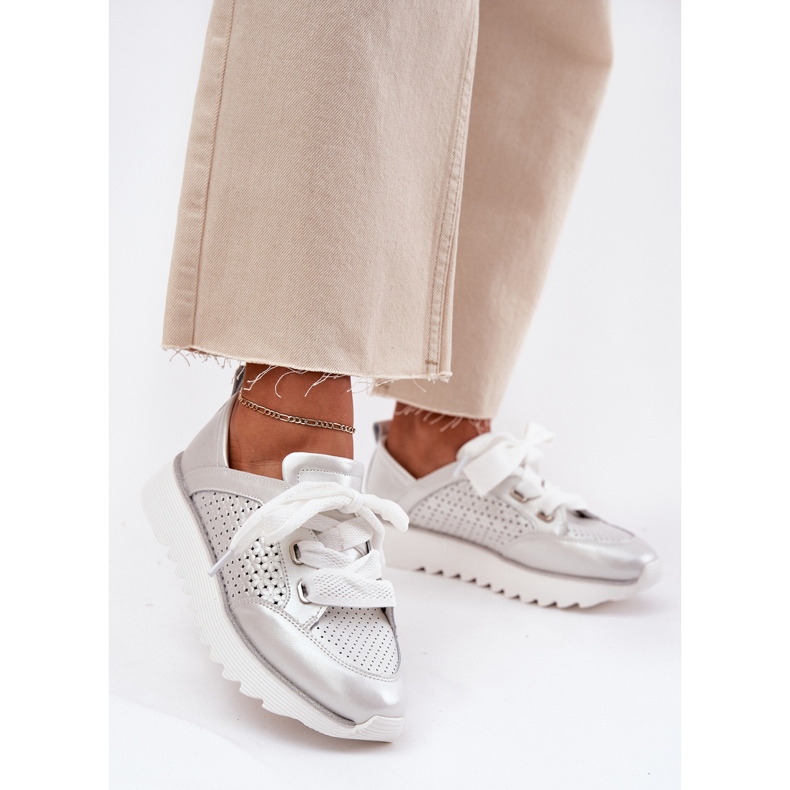 S.Barski Tênis de couro feminino na plataforma de prata LR51-796 2