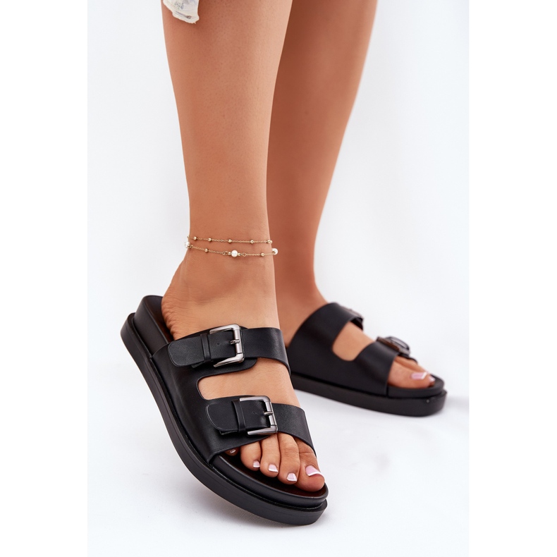 EVento Chinelos femininos com fivelas douradas fivelas pretas preto 2
