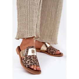 Zazoo Elegante chinelos de couro de altura plana -altura castanho 2