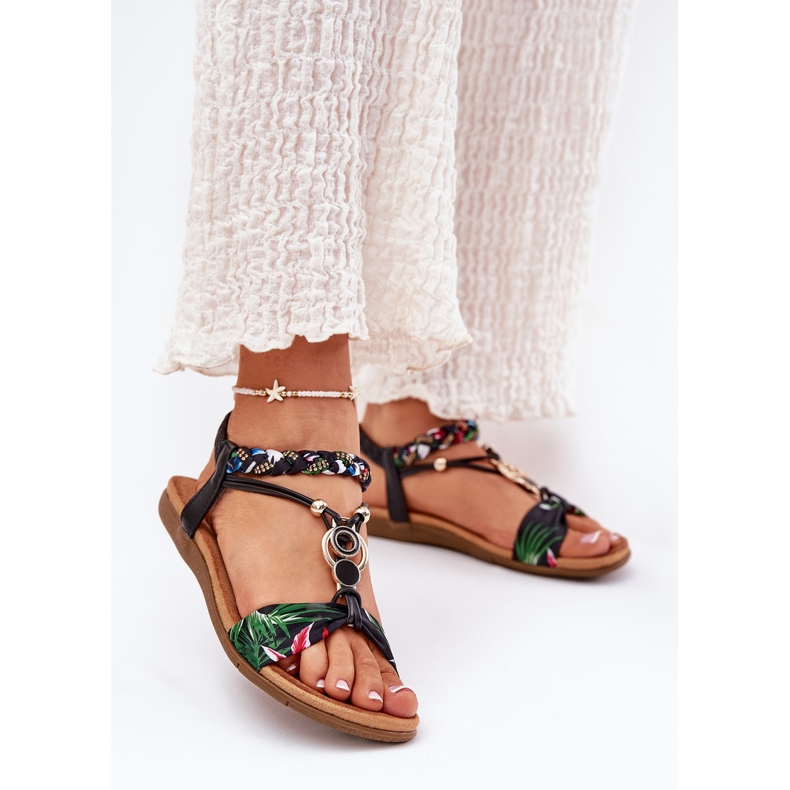 Sandálias femininas planas com cinto trançado e decoração artiker 56c1318 preto 2