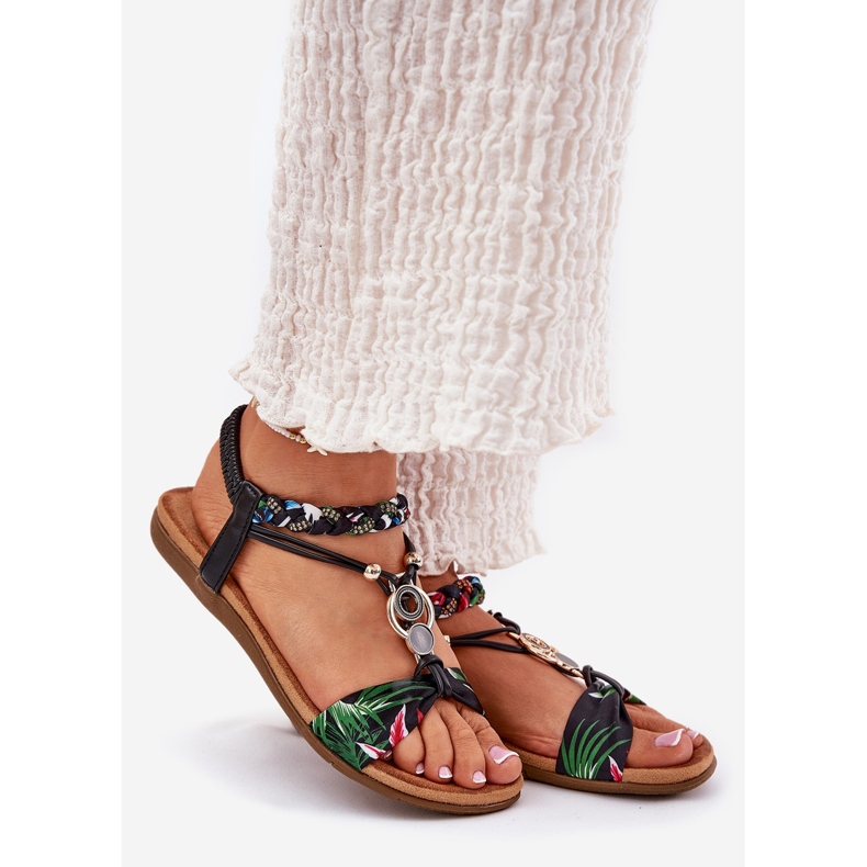 Sandálias femininas planas com cinto trançado e decoração artiker 56c1318 preto 1