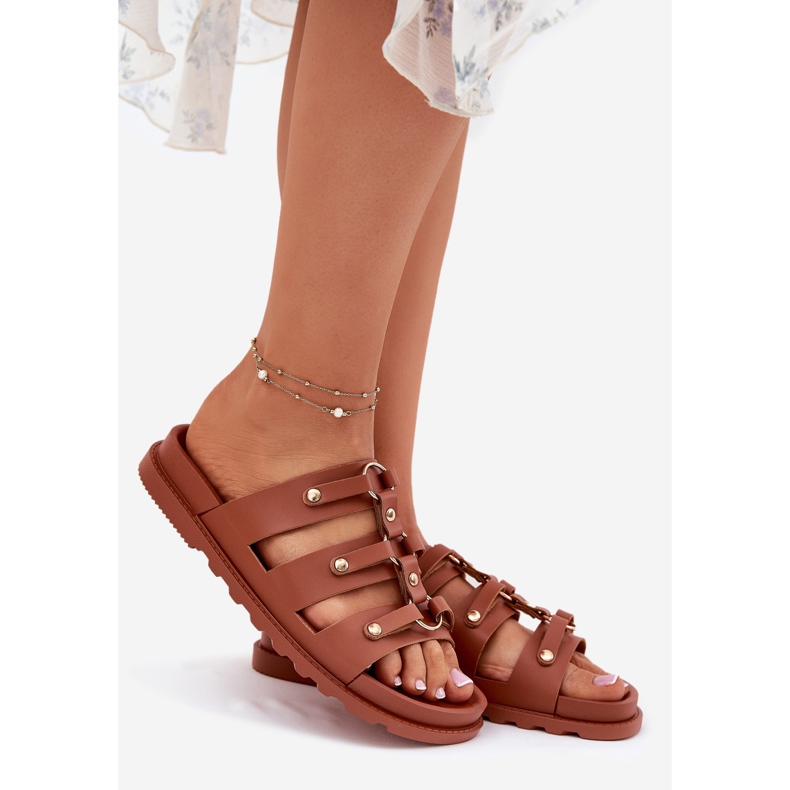 Inna Chinelos femininos com listras de camelo castanho 1