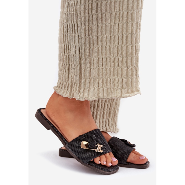 Inna Chinelos femininos de grama plana com um laço preto 1