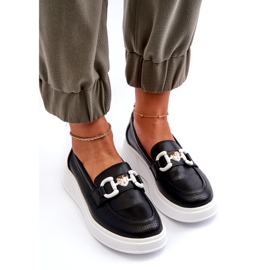 S.Barski Mocas de couro feminino na plataforma Czarne S. Barski LR720 com um ornamento preto 3