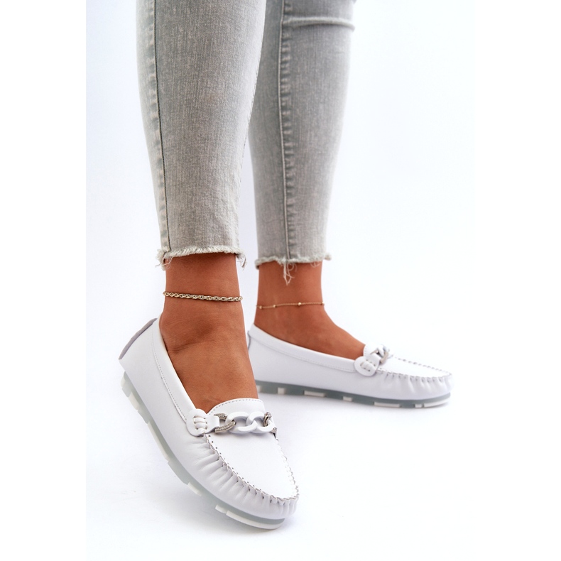 Mocassins femininos de couro com decoração, branco S.Barski LR339 2