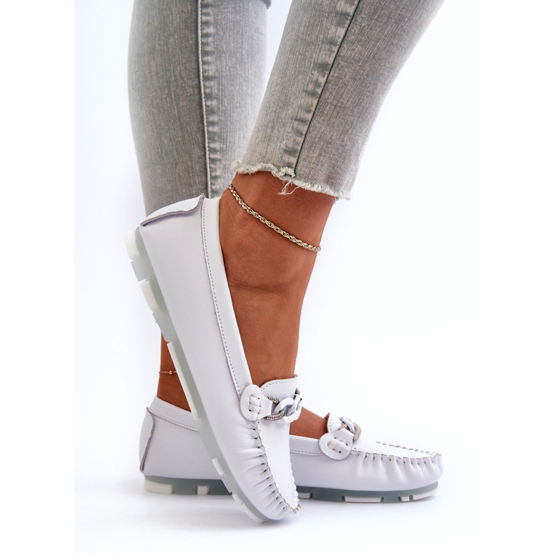Mocassins femininos de couro com decoração, branco S.Barski LR339 3