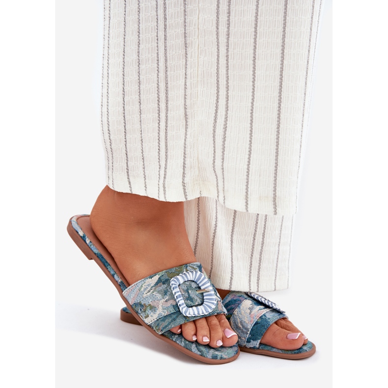 Inna Chinelos de mulheres planas com uma fivela azul decorativa 1