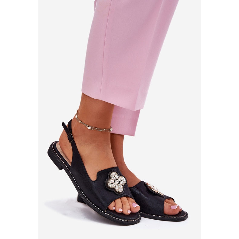 S.Barski Sandálias femininas de salto plano com detalhes decorativos S. Barski KV51-080 Black preto 1