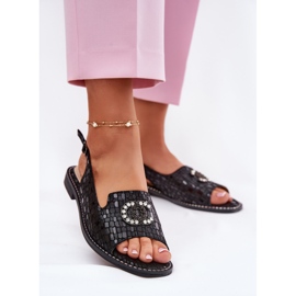 S.Barski Sandálias de couro com ornamento de salto plano S. barski kv51-096 preto 2