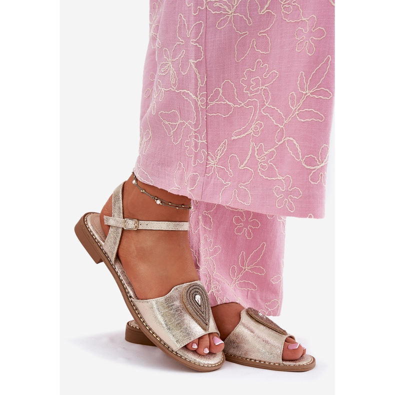 S.Barski Sandálias de salto plano feminino com um ornamento de S. Barski Kv51-098 Zloty dourado 1