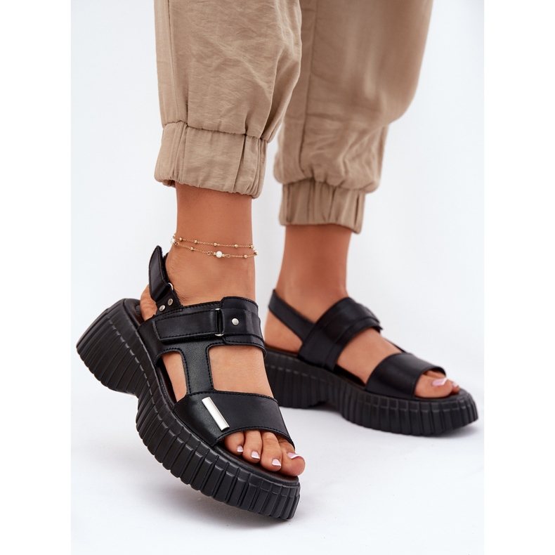 EVento Sandálias de couro feminino na plataforma preta preto 2
