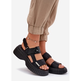 EVento Sandálias de couro feminino na plataforma preta preto 1