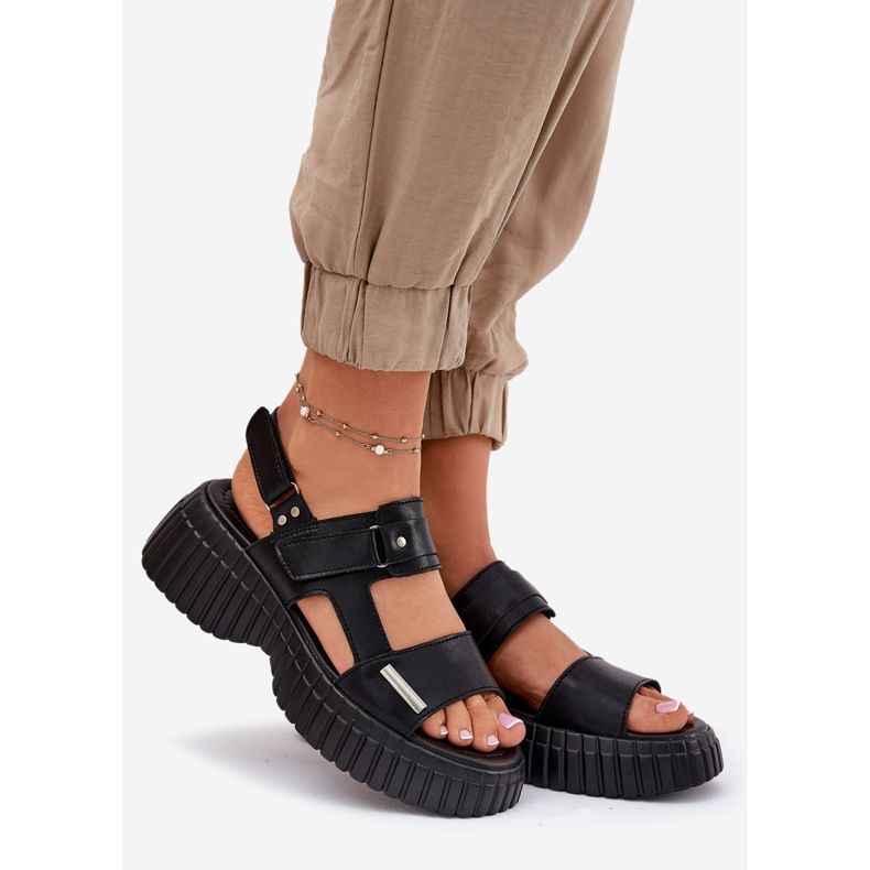 EVento Sandálias de couro feminino na plataforma preta preto 1