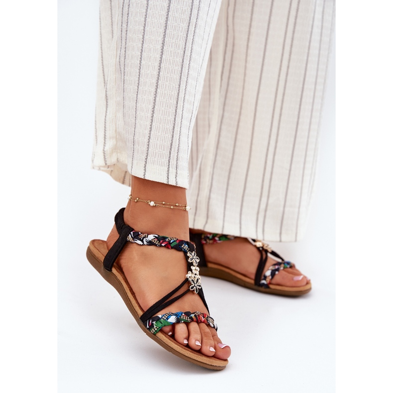 EVento Sandálias femininas com alfinetes e listras trançadas pretas preto 2