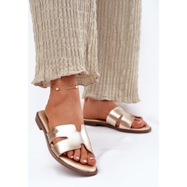 EVento Flas planas femininas com couro dourado de couro ecológico 2