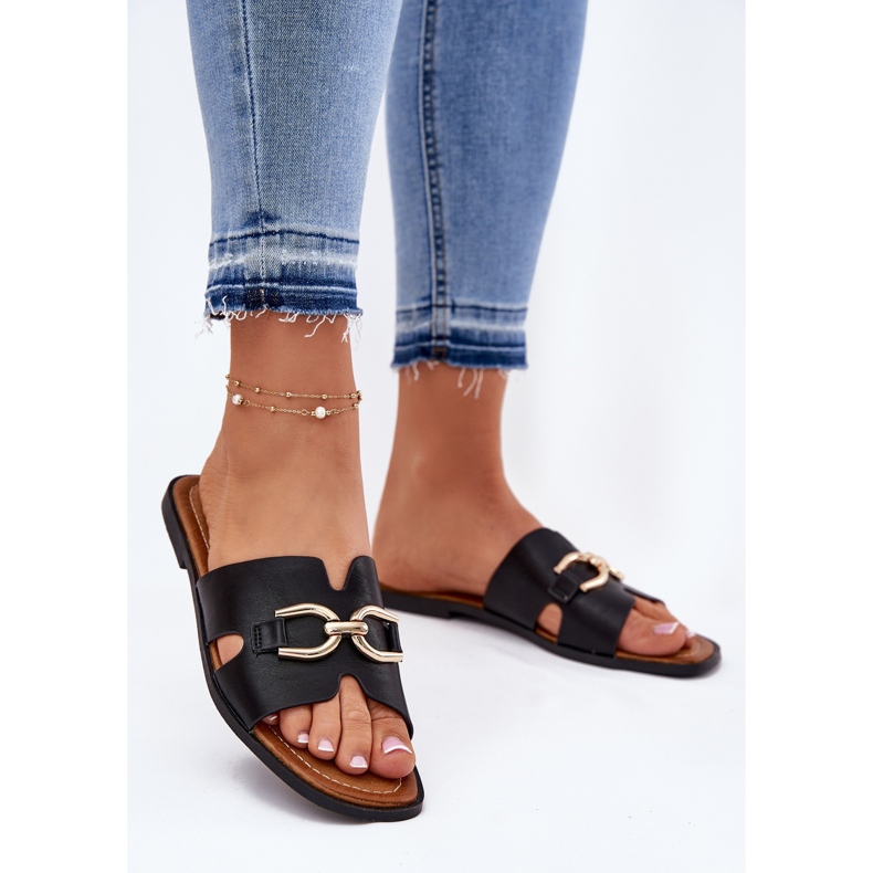 EVento Chinelos planos femininos com detalhes decorativos pretos 2