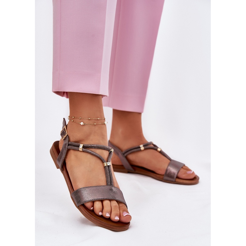 S.Barski Sandálias planas femininas com listras de grafite S. Barski KV51-120 prata 2