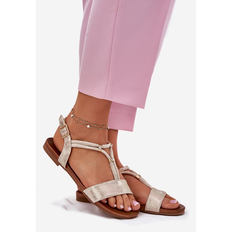 S.Barski Sandálias planas femininas com listras S. Barski KV51-120 Gold dourado 1