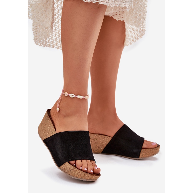 Zazoo 40311 camurça os chinelos femininos nas cunhas de cortiça cunhas pretas preto 1